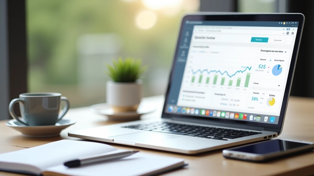 Bureau moderne avec ordinateur portable, graphiques financiers et café, montrant un espace de travail automatisé