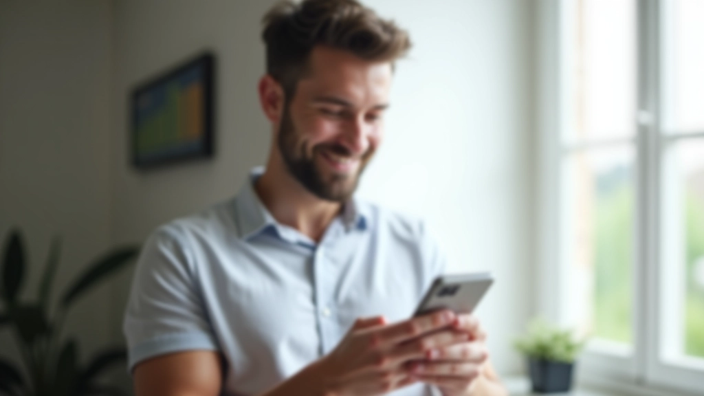 Personne regardant son téléphone avec un sourire, montrant une notification de vente réussie sur les réseaux sociaux