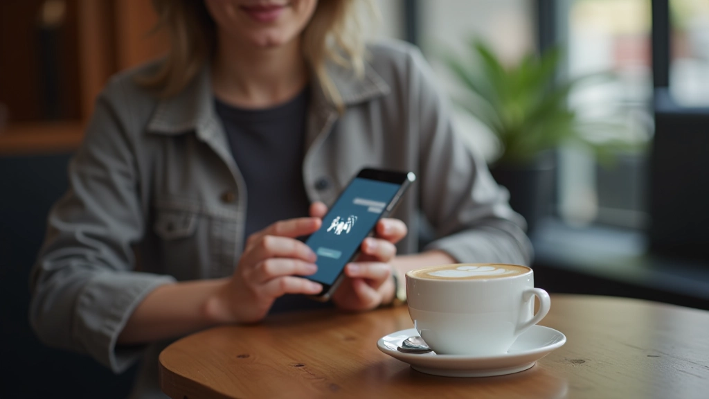 Personne utilisant un chatbot sur téléphone mobile dans un environnement de café ou lieu public